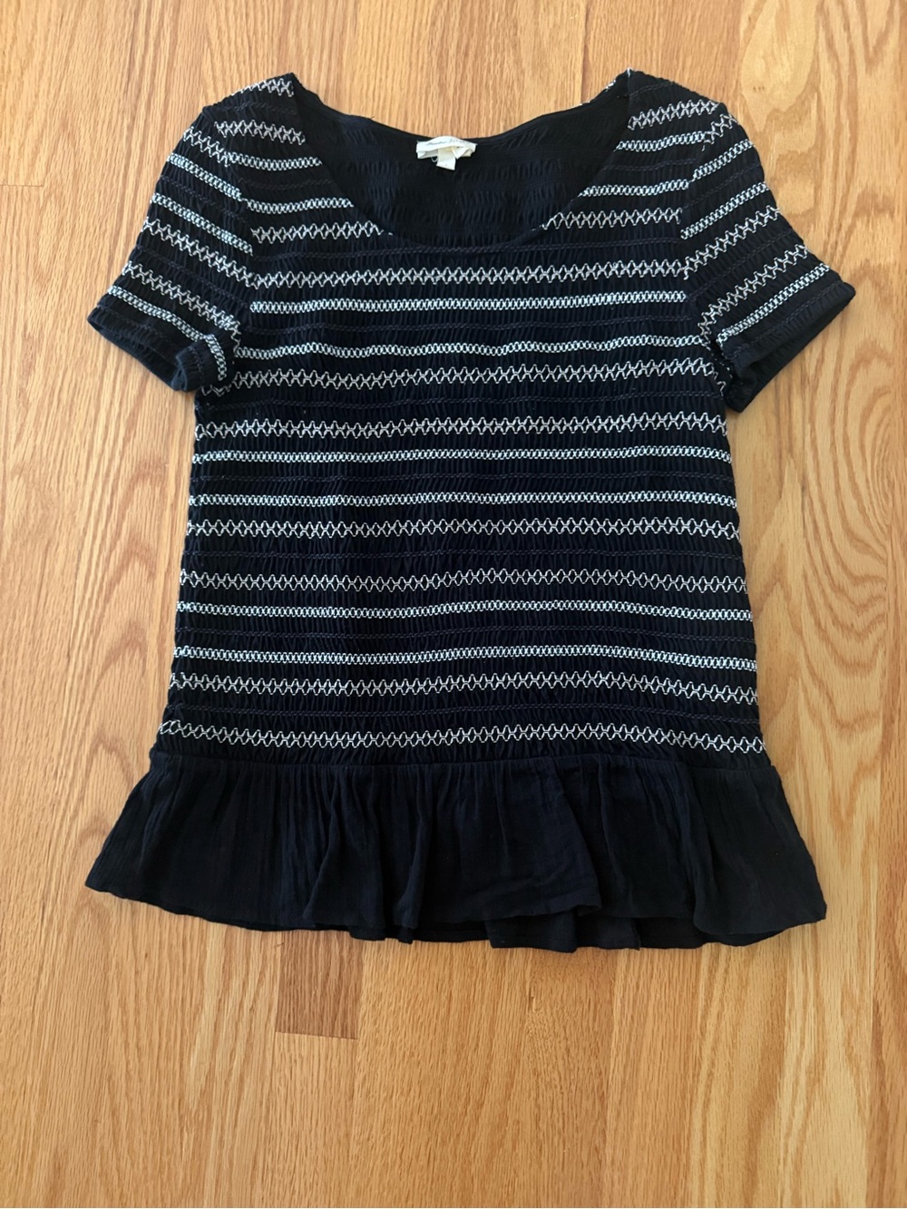 Juniors Black Stripe Short Sleeve Top with Ruffle Hem